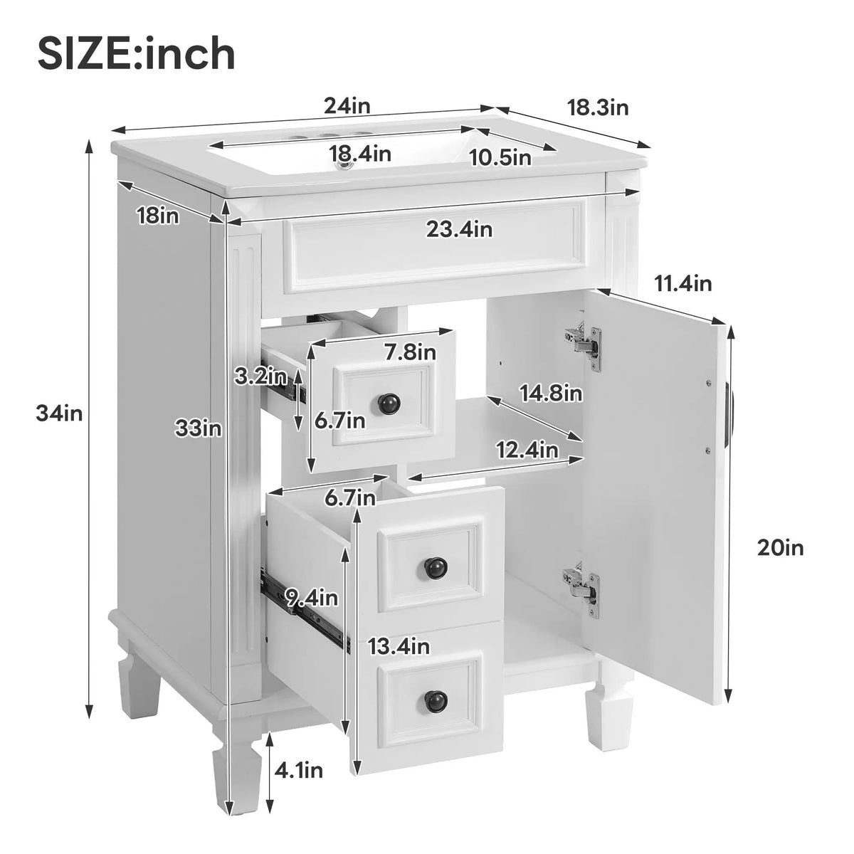 24 Inch Compact Bathroom Vanity | 2 Deep Drawers | Adjustable Shelf | Retro Button Handles