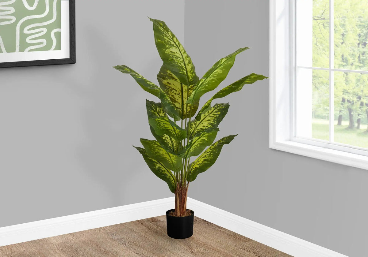 47 Inch Artificial Evergreen Tree | 12 Variegated Real Touch Leaves | Indoor Faux Floor Plant | Potted