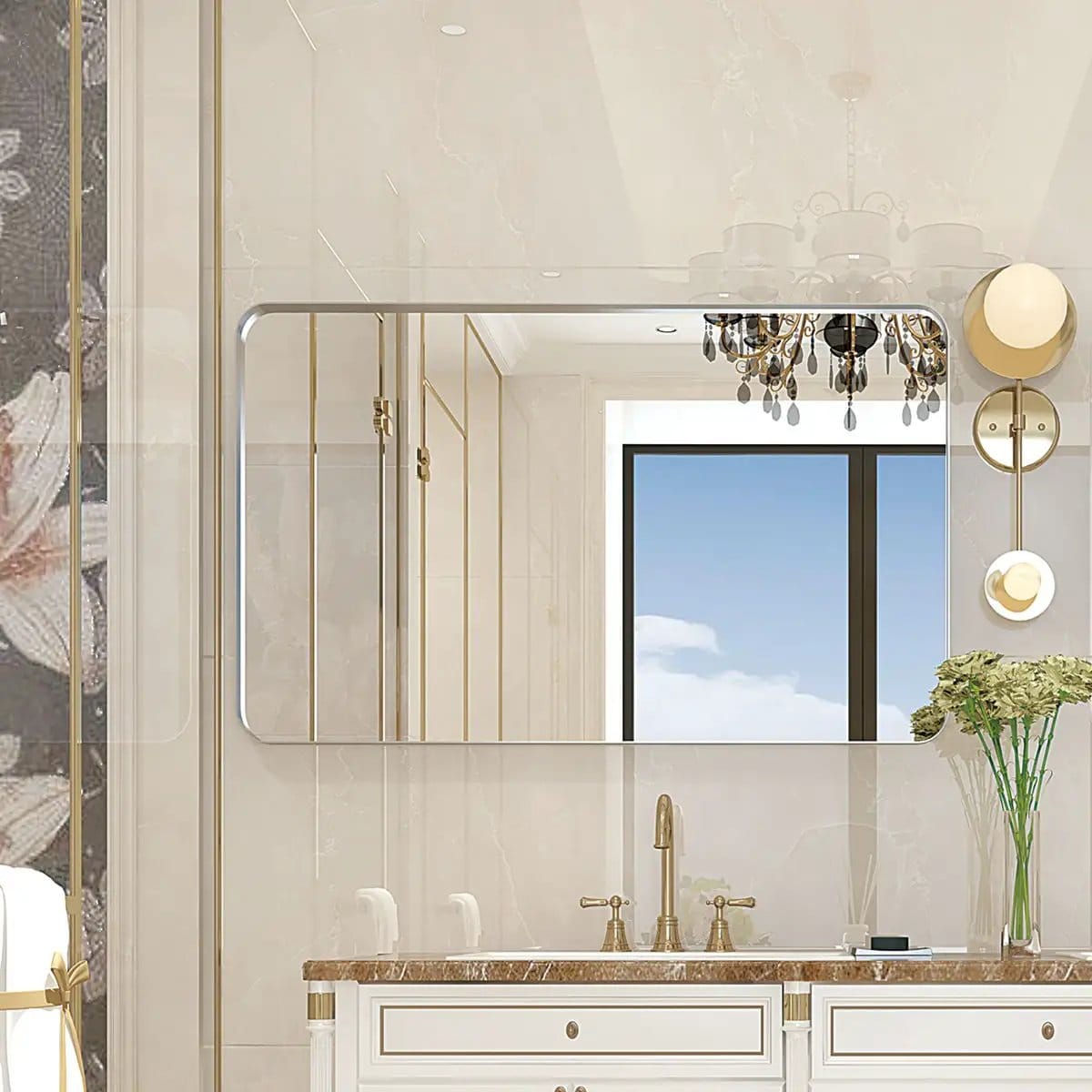 Rounded Corner Rectangle Bathroom Mirror For Wall Metal Frame Wall Mounted Bathroom | 39.76 x 29.92 x 1.97 in | Metal & Aluminum | Bathroom