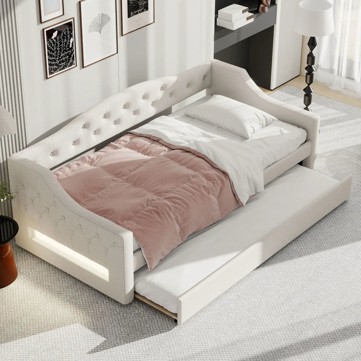 Daybed With LED Lights | Upholstered Trundle Daybed | Thickly Padded Sponge | 84 Inch Length
