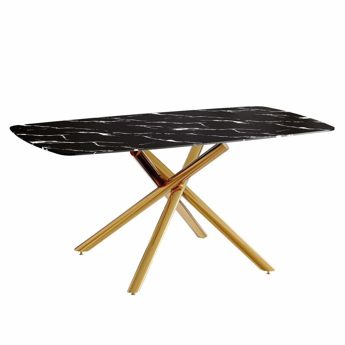 Luxurious Marble Patterned Dining Table With Metal Fork Legs | 63 x 35.4 x 30 in | Marble & Tempered Glass | Dining Room