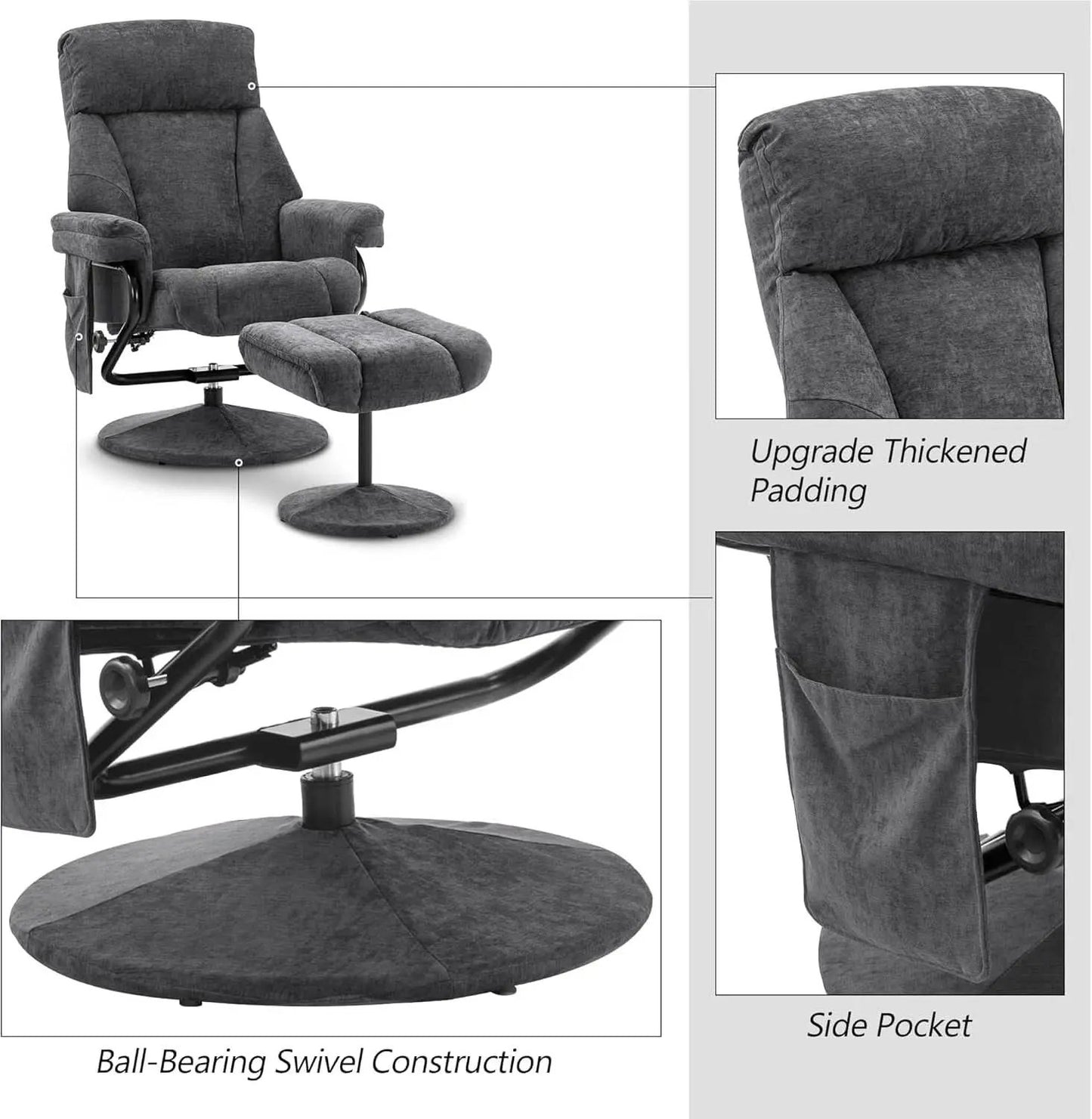 Dark Grey Swivel Recliner With Ottoman Vibration Massage from PriceLows™