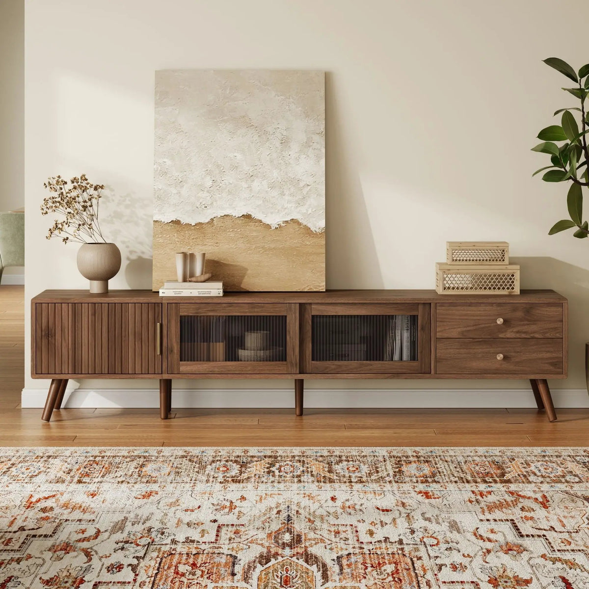 TV Stand | Fits 85 Inch TV | Tempered Glass Doors | Natural