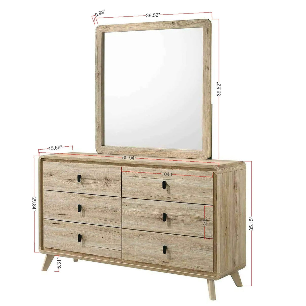 Beige 6 Drawer Dresser | Mid-Century Style | Curved Edges | Wood-Inspired Finish