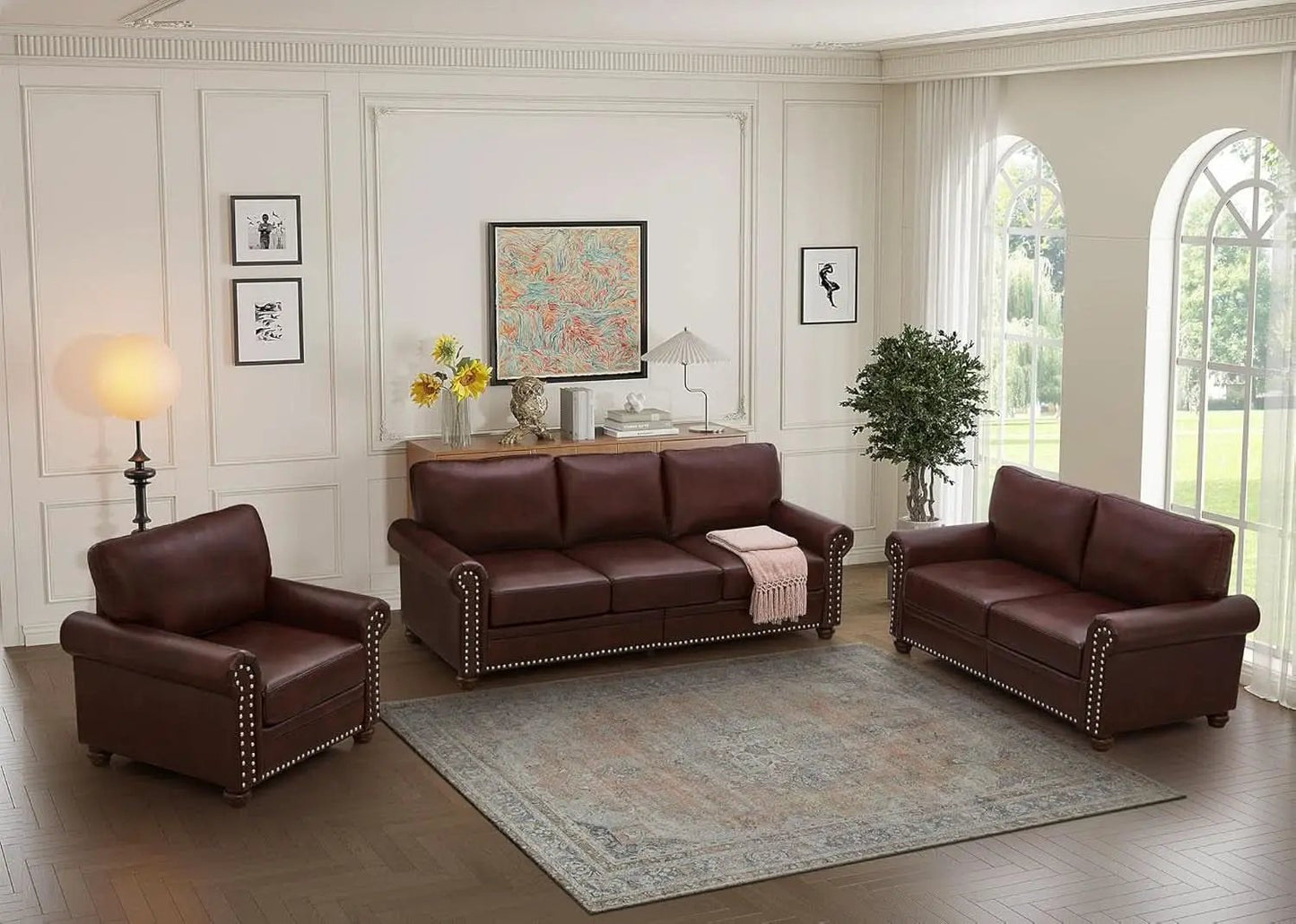 3 Piece Faux Leather Sofa Set With Storage In Burgundy Mid Century Modern Living Room from PriceLows™