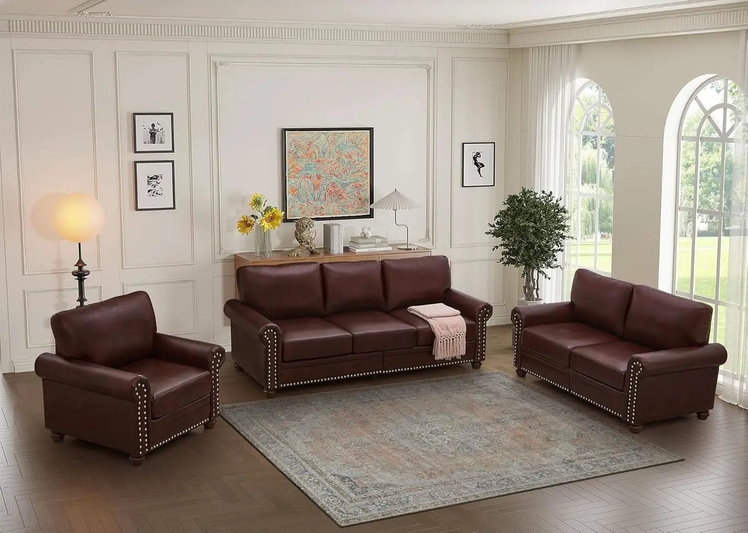 3 Piece Faux Leather Sofa Set With Storage In Burgundy Mid Century Modern Living Room from PriceLows™