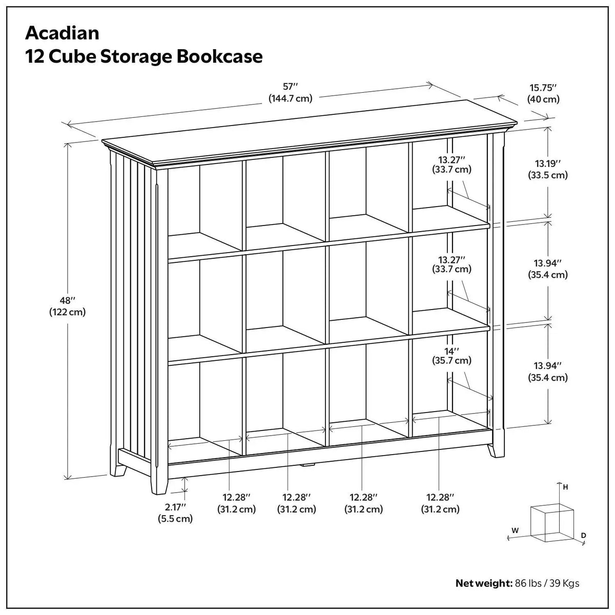 Acadian Cube Storage | Handcrafted Solid Wood | Twelve Large Cubbies | 57 Inch Width