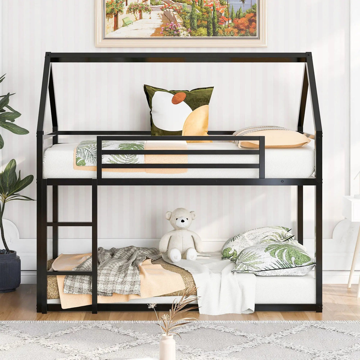 House Bunk Bed | With Built In Slide | Solid Metal Frame | Twin Over Twin