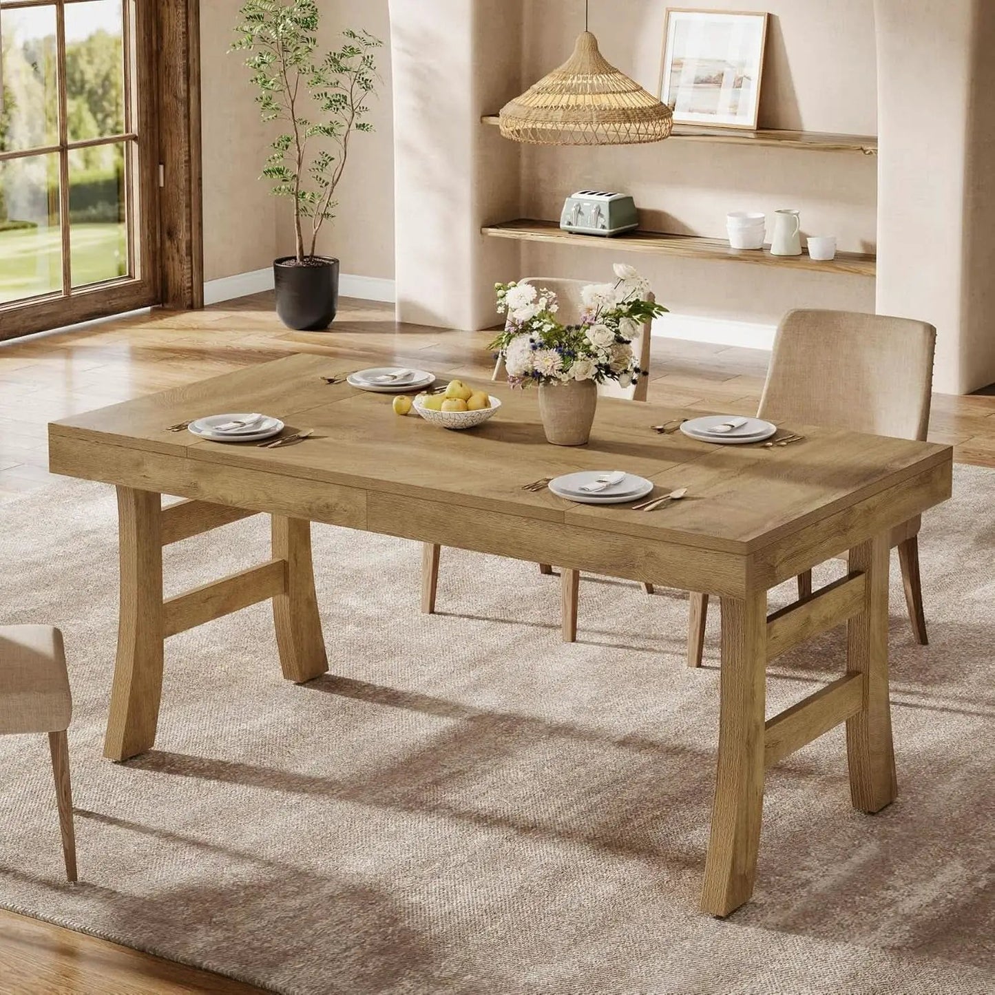 63 Inch Farmhouse Rectangular Wood Dining Table Kitchen from PriceLows™