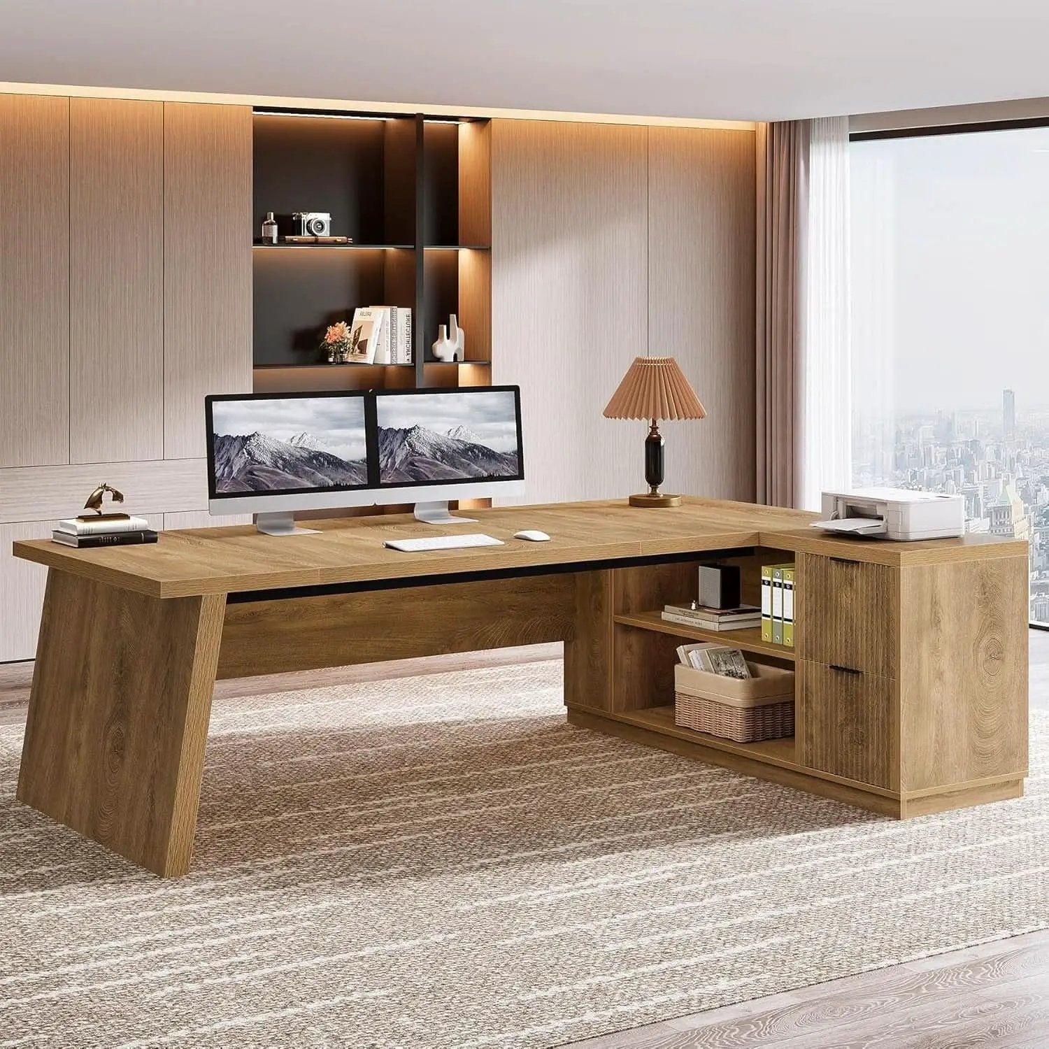 Executive Corner Desk 78 Inch Drawers Brown Shelves from PriceLows™