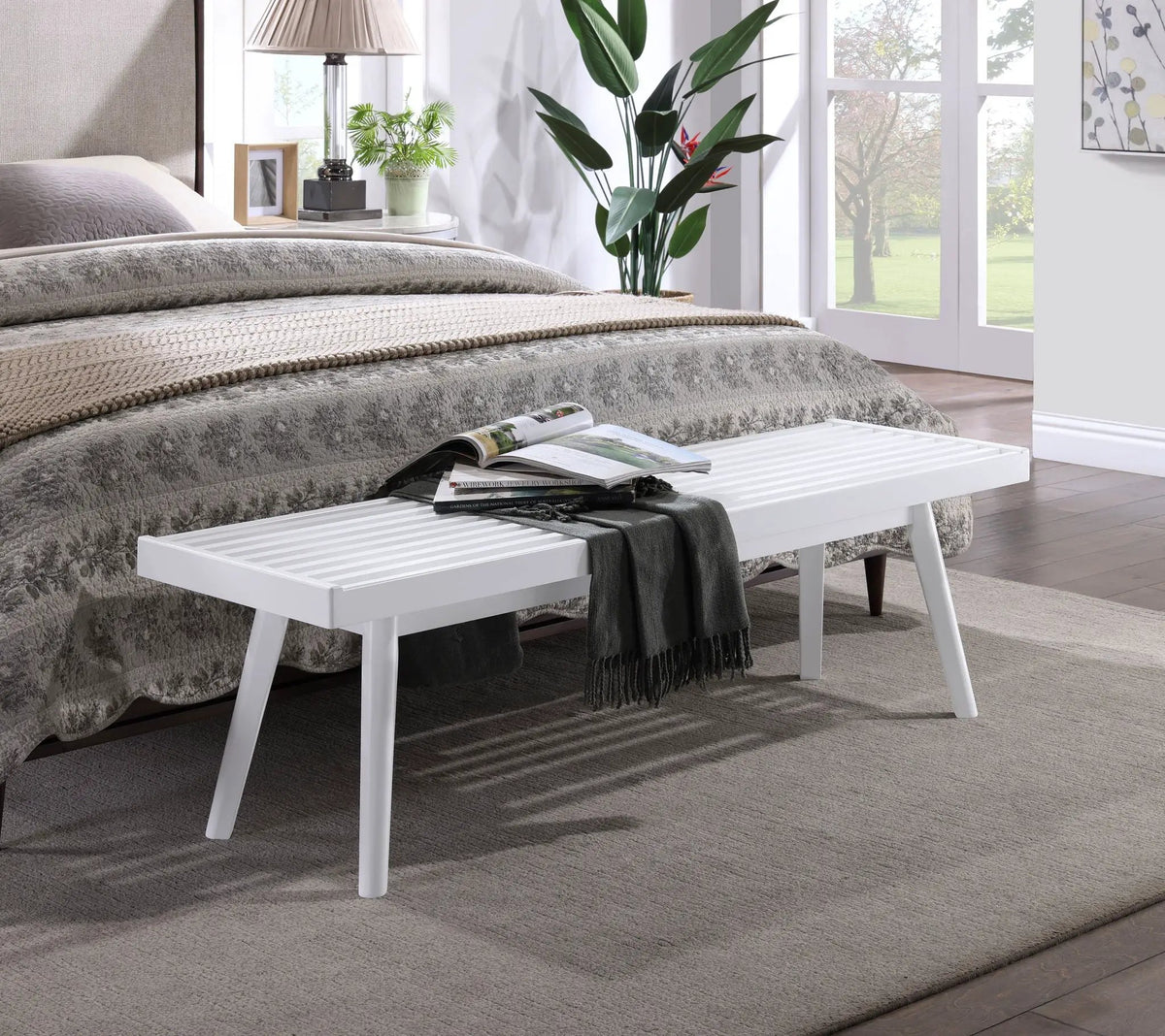 Larwich Slatted Bench | Solid Wood And New Zealand Pine | White Finish | Farmhouse Style
