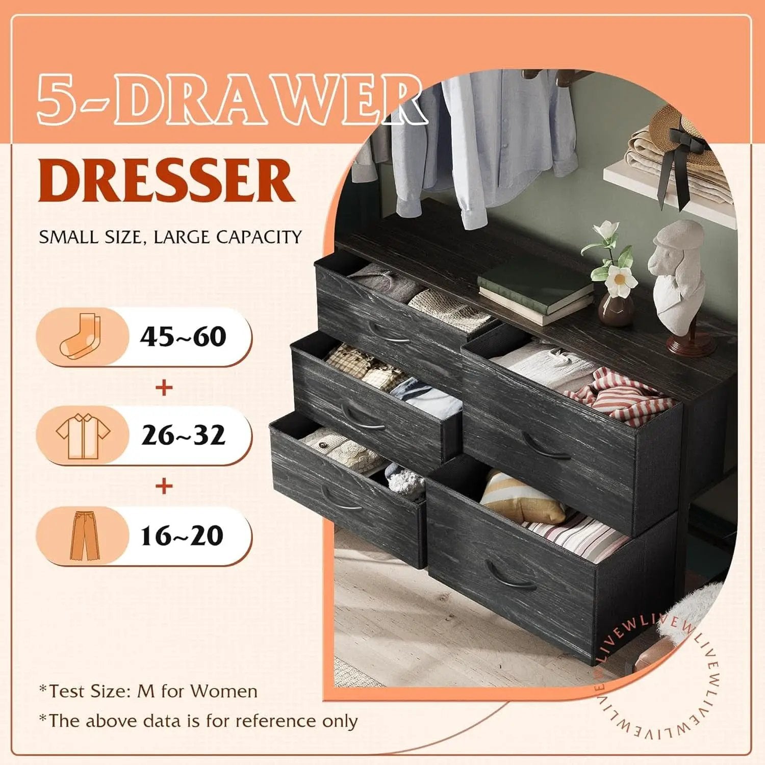 Fabric Dresser With 5 Drawers Charcoal Black Wood Grain from PriceLows™