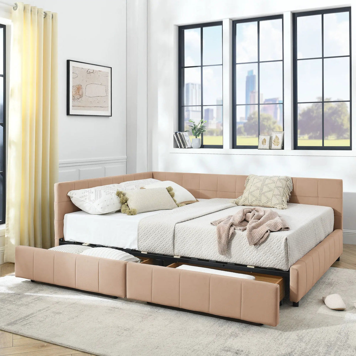 Mid-Century Storage Bed Frame | Upholstered Tufted Design | Backrest And Armrests | Bed Or Sofa Use
