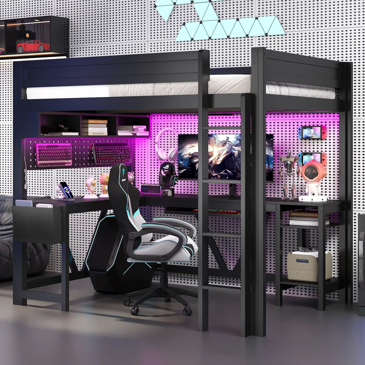 Gaming Loft Bed With Desk | Open Shelf And Fabric Storage Bag | Adjustable LED | Charging Station