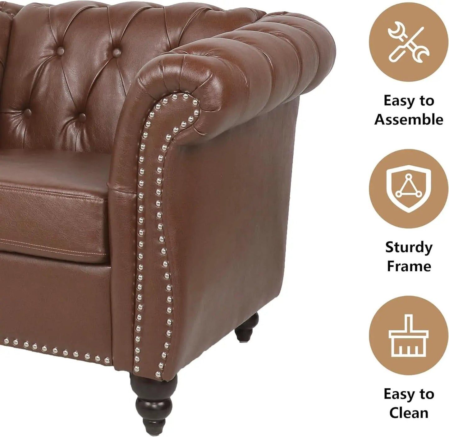 3 Piece Chesterfield Leather Sofa Set With Rolled Arms And Nailhead Trim Modern Brown Living Room Set from PriceLows™