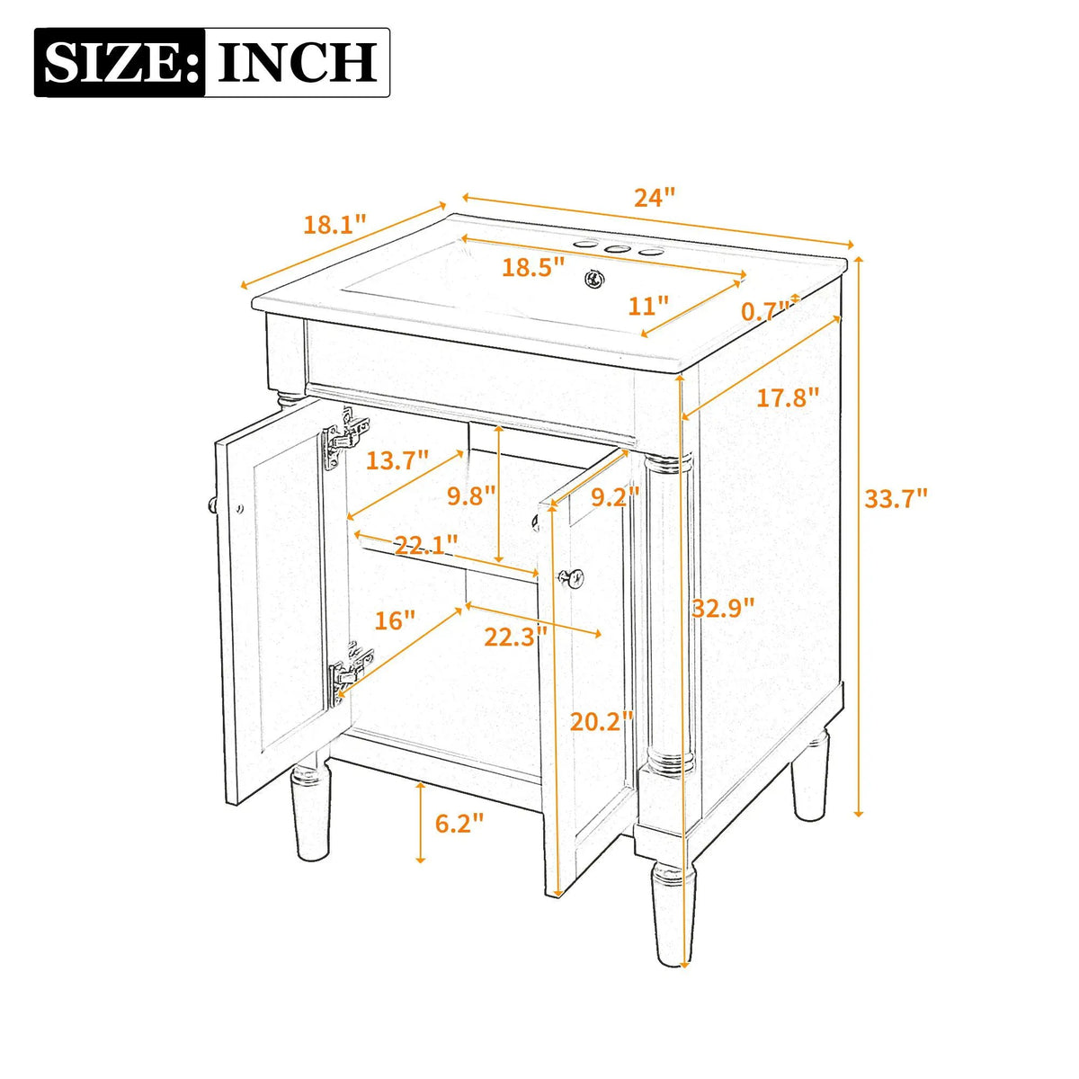 24 Inch Bathroom Vanity With Top Sink | 2 Tier Storage Cabinet | Retro Metal Handles | Soft-Closing Hinges