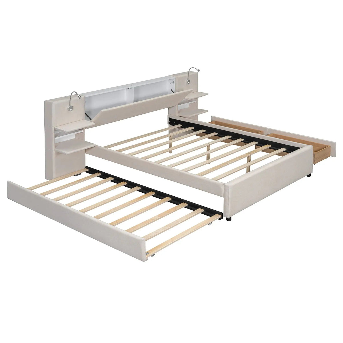 Upholstered Platform Bed | Reading Lights | Drawers And Trundle | Storage Shelves