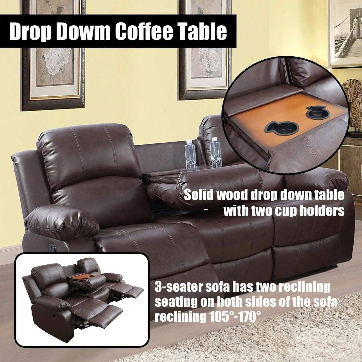 Brown Faux Leather Reclining Living Room Set Sofa Loveseat Chair from PriceLows™