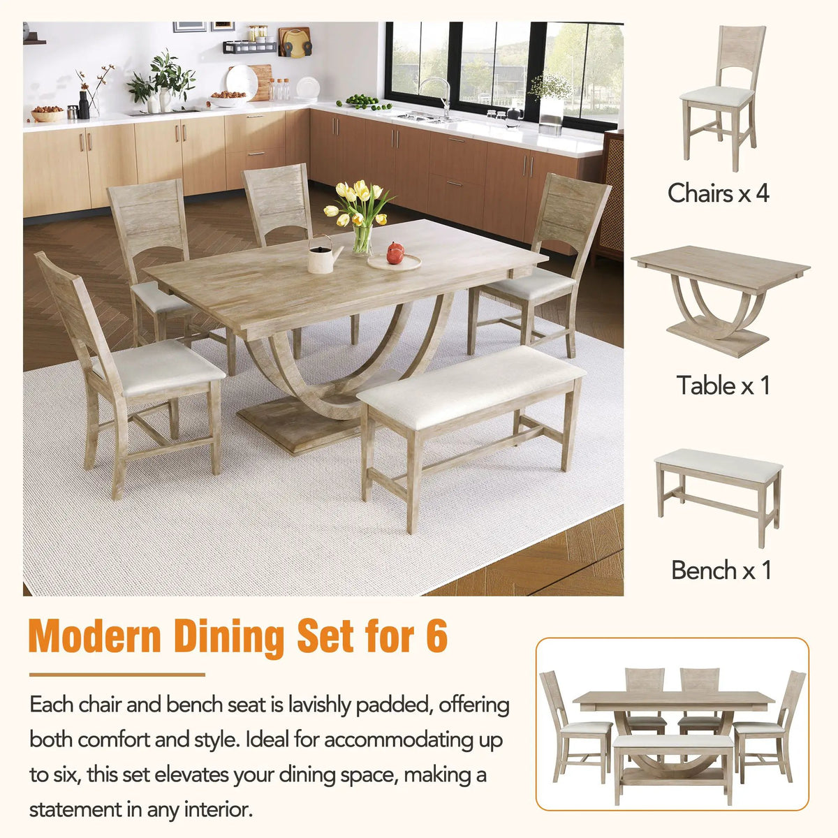 Dining Table Set | 6 Piece Solid Wood | Half Round Legs | 59 Inch