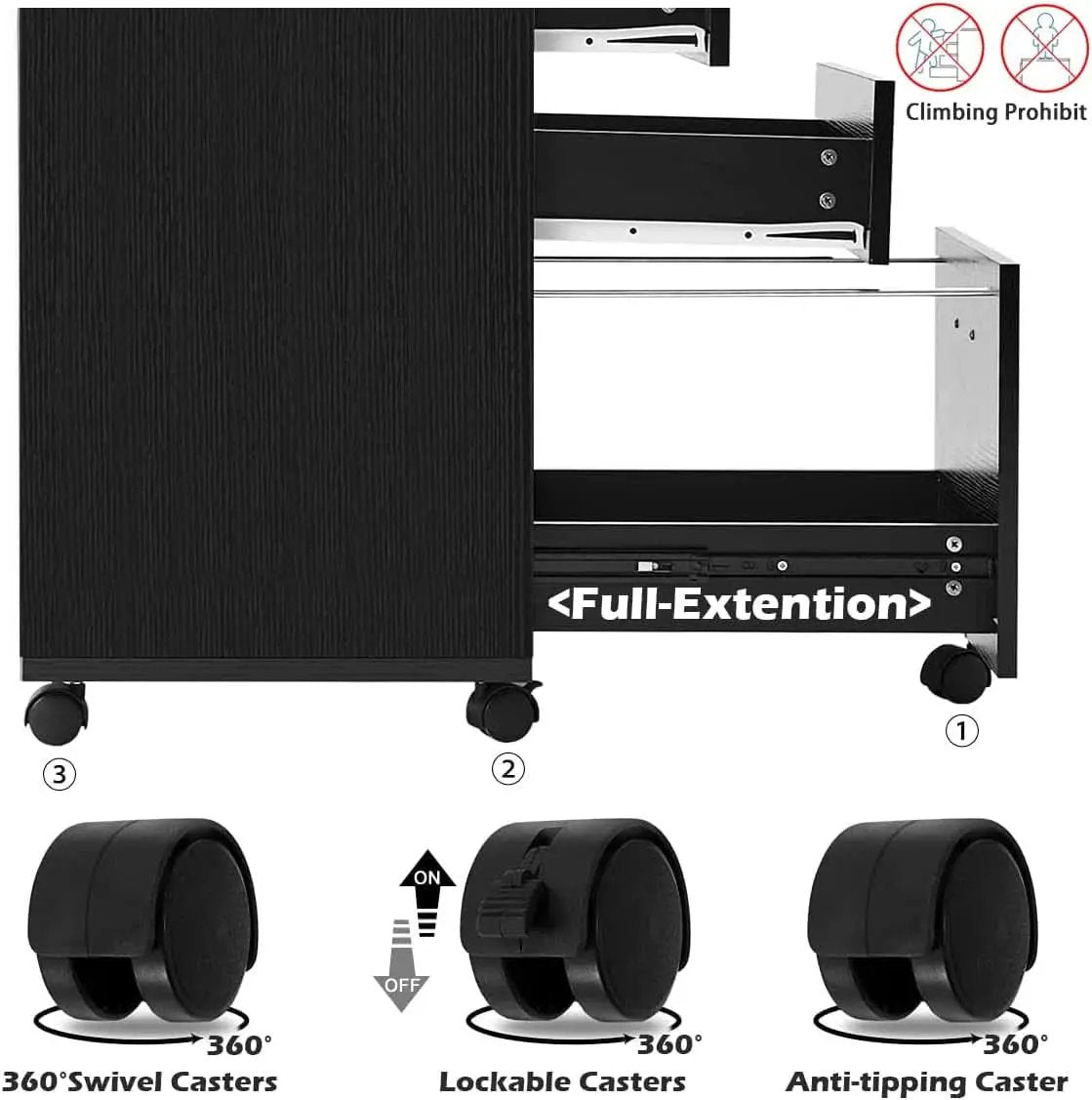 3 Drawer Wood Mobile File Cabinet With Wheels Black Under Desk Office Storage For Home Office Use from PriceLows™