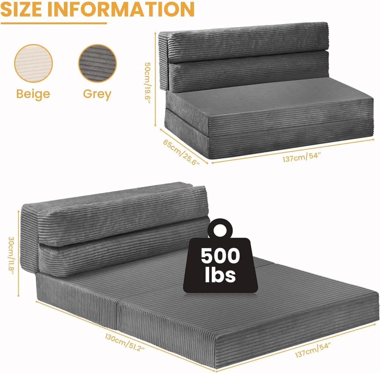 Full Size Transformable Memory Foam Sofa Bed Grey Corduroy from PriceLows™