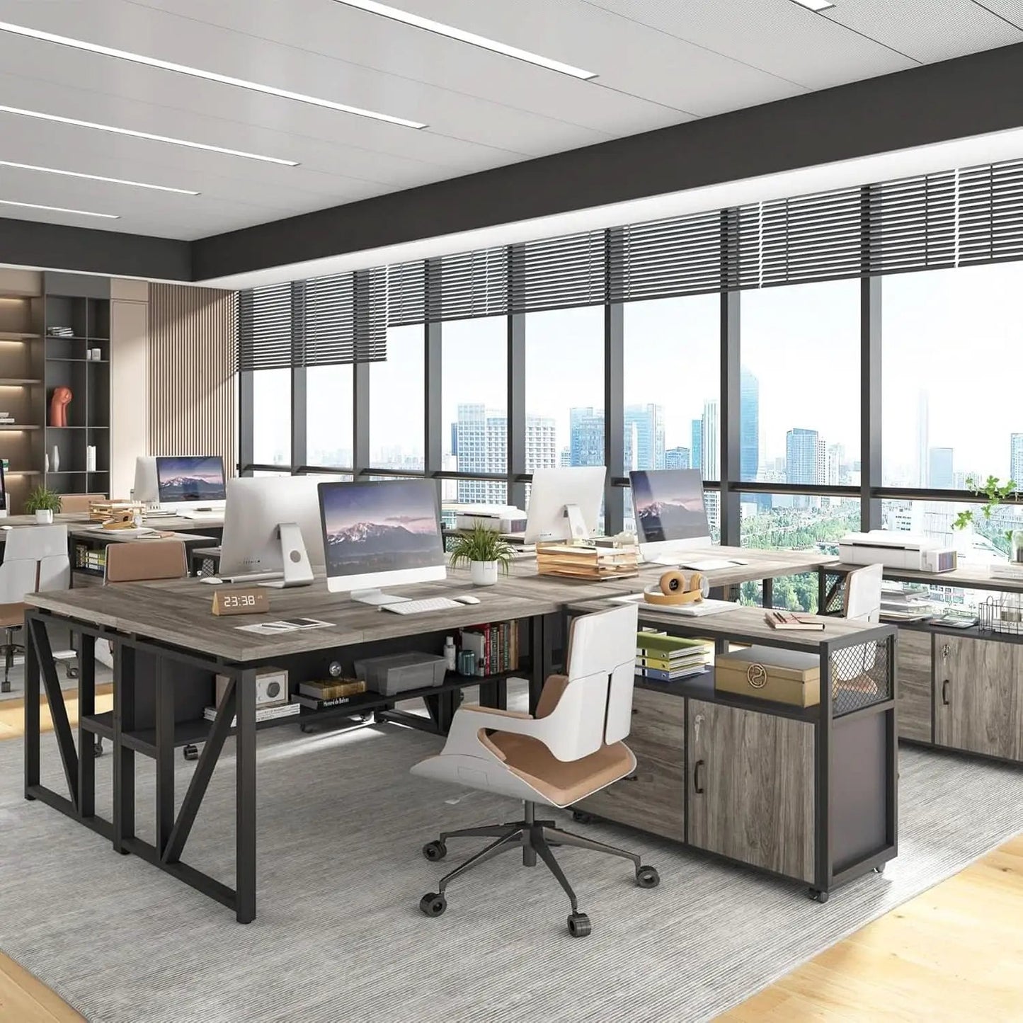 L Shaped Desk With Drawer Cabinet And Lateral File Cabinet 63 Inch Gray from PriceLows™
