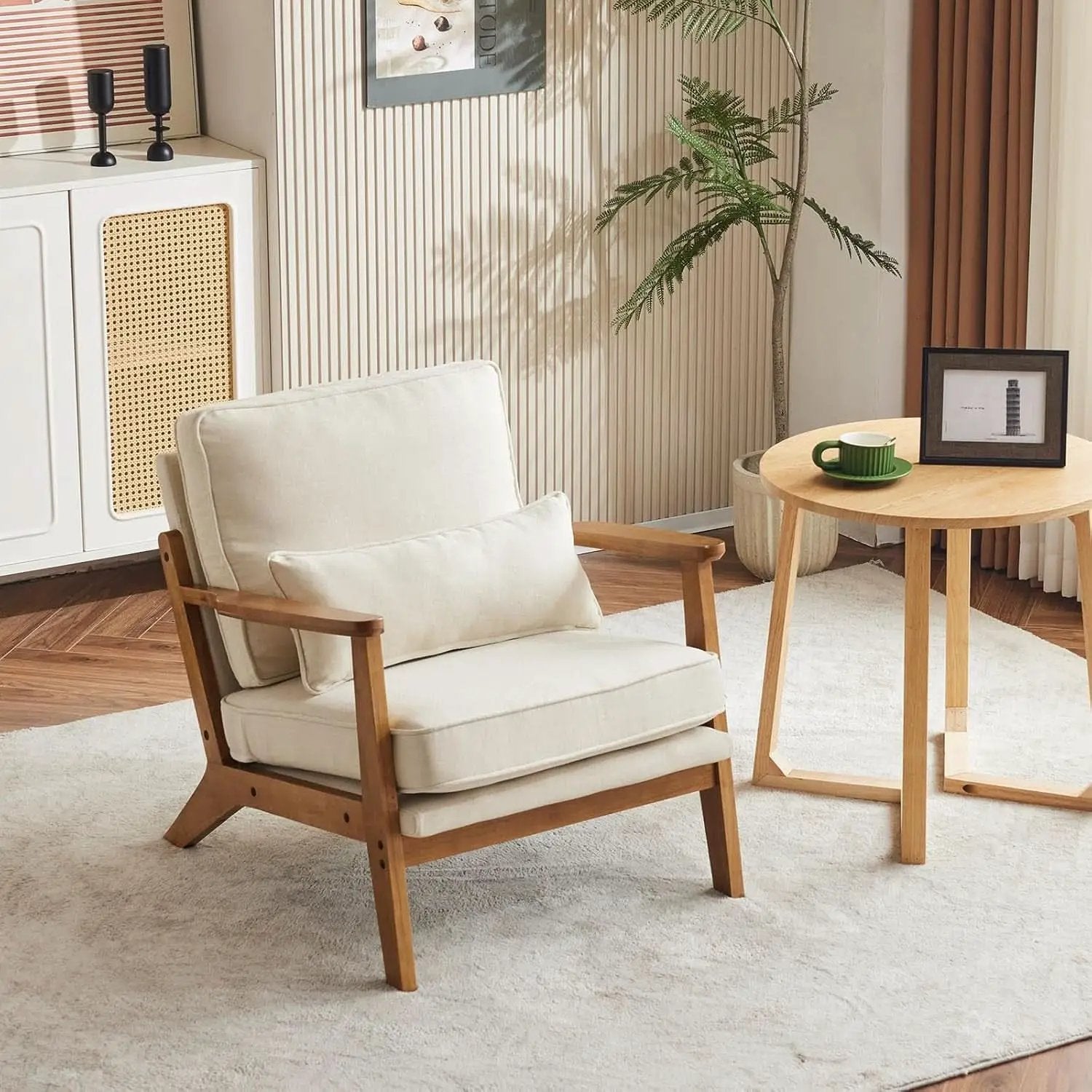 Beige Linen Upholstered Accent Chair Wide Armrests from PriceLows™