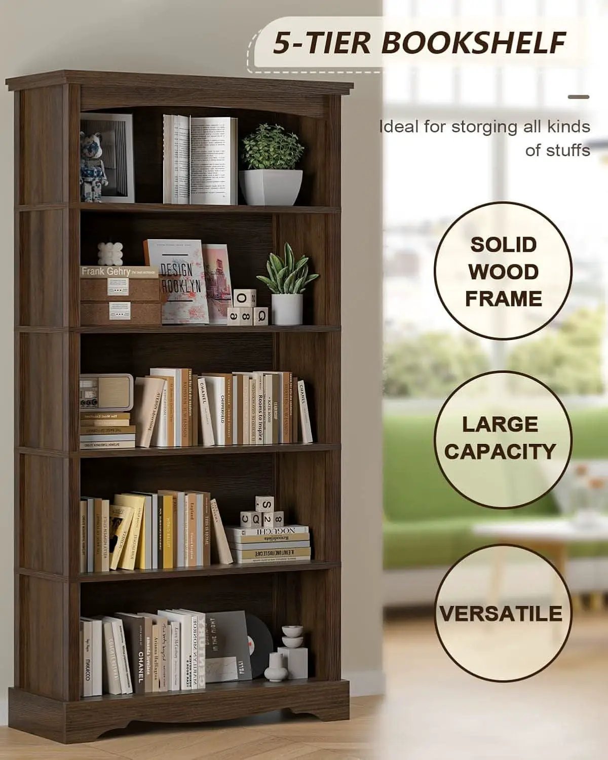 65-Inch Tall Brown Wooden Bookshelf With Five Tiers from PriceLows™