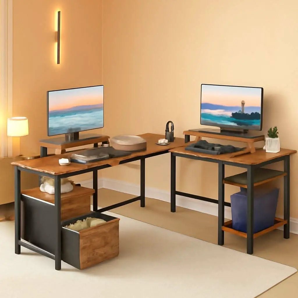 Industrial Grade Ultra Rustic Brown Fifty Nine Inch L Shaped Desk Power Outlet from PriceLows™