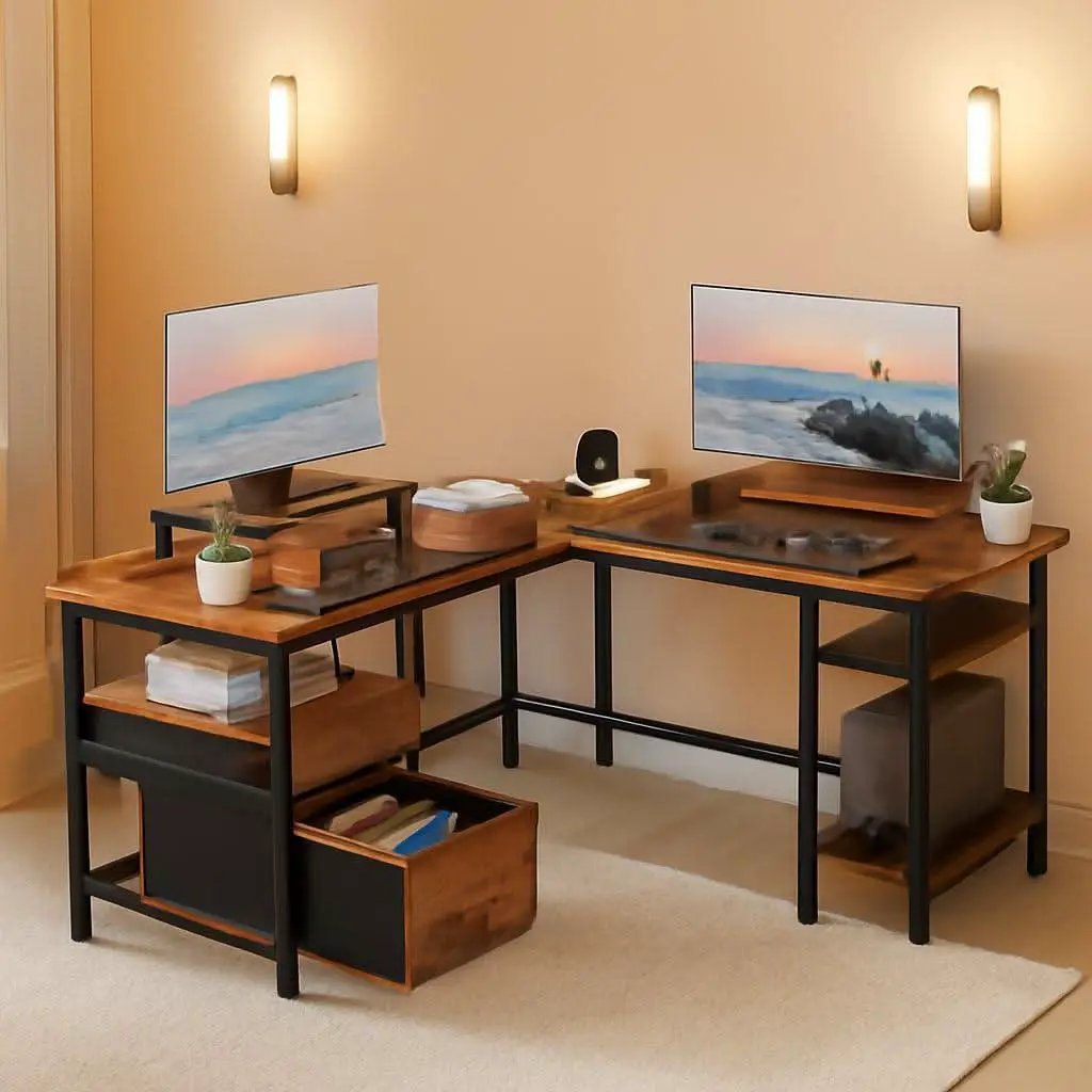 Fifty Nine Inch L Shaped Desk With Power Outlet And Storage Shelves from PriceLows™