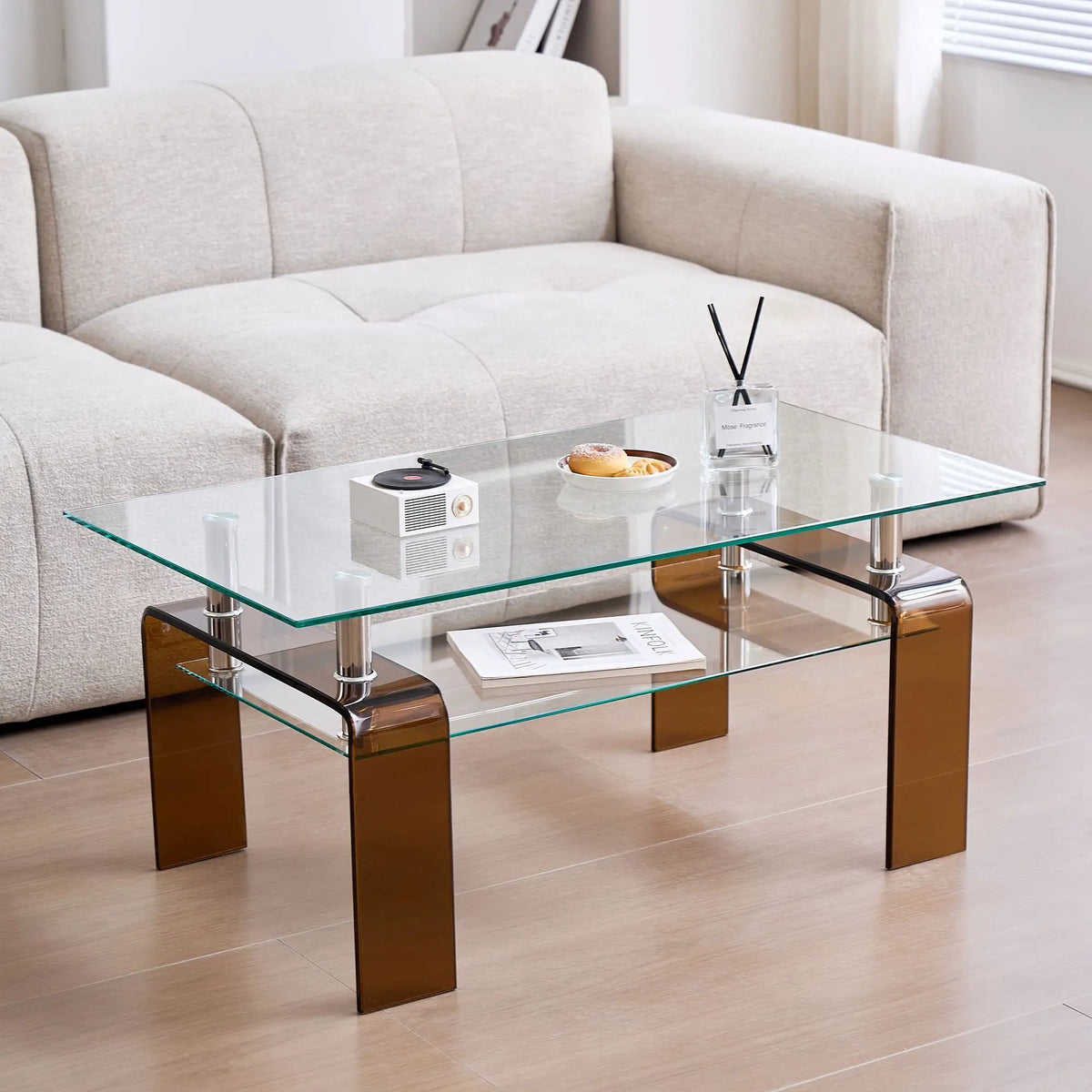 Tempered Glass Coffee Table | Two Tier Storage | Modern Geometric Design
