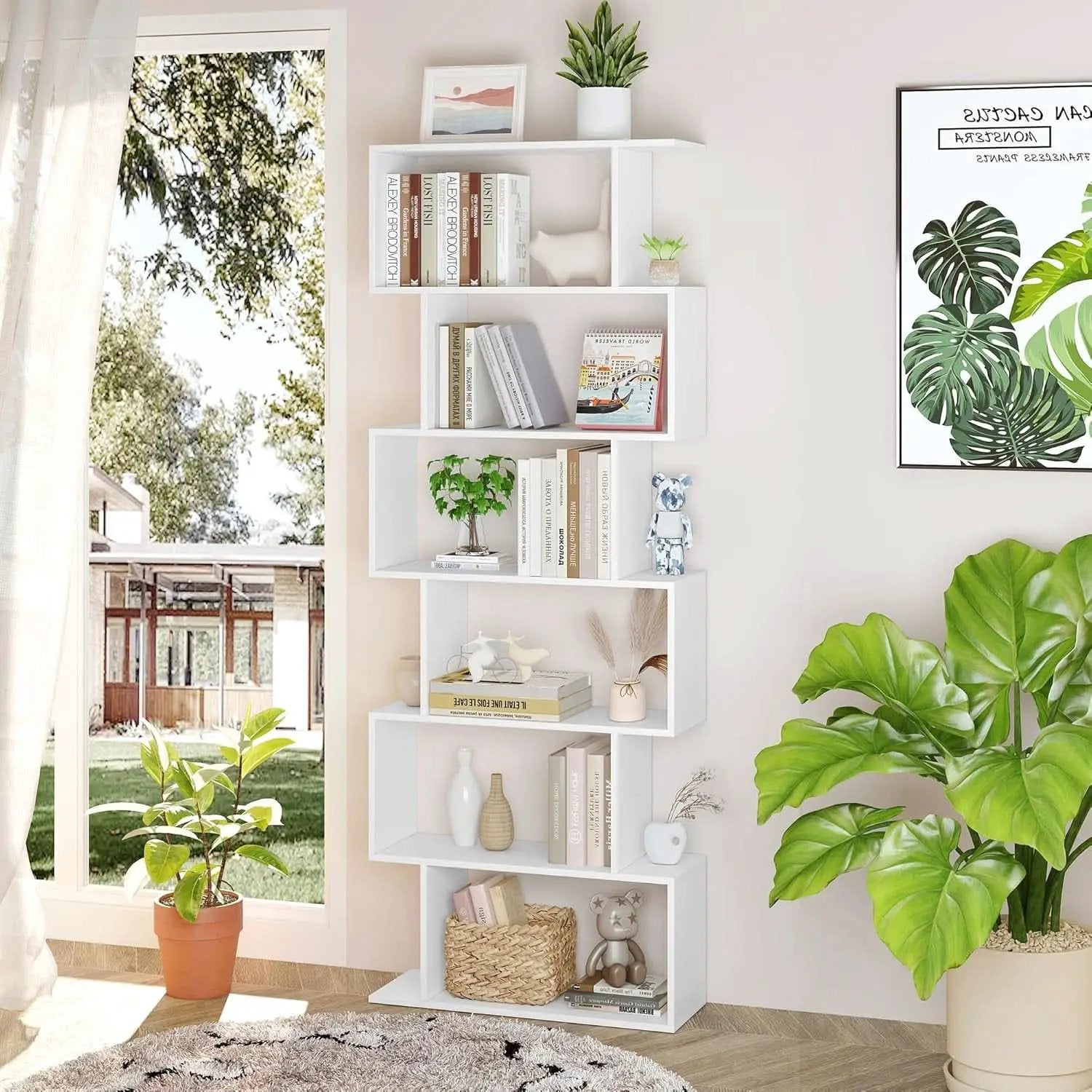 S Shaped Bookshelf White 6 Tier Display Bookcase Office from PriceLows™