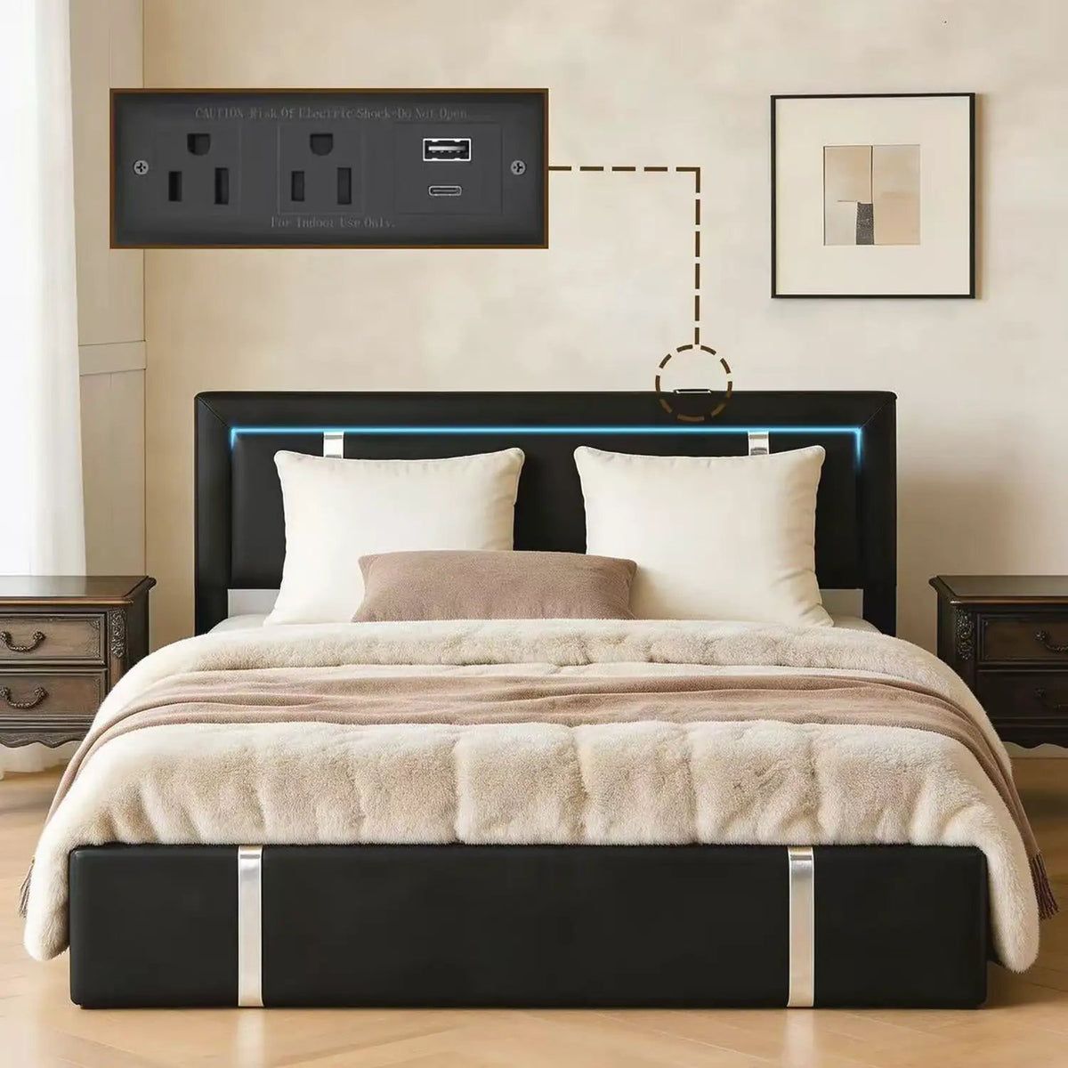 Upholstered Platform Bed Frame | Adjustable LED Headboard | Hydraulic Lift