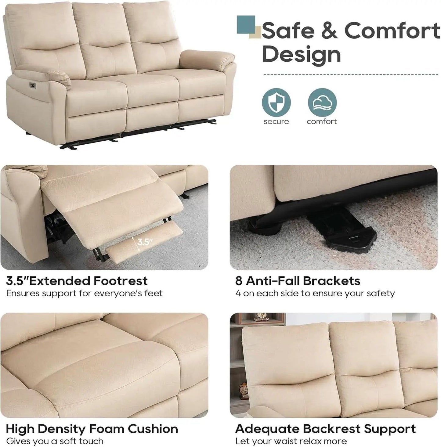 Beige Power Reclining Sofa For Living Room Comfort from PriceLows™
