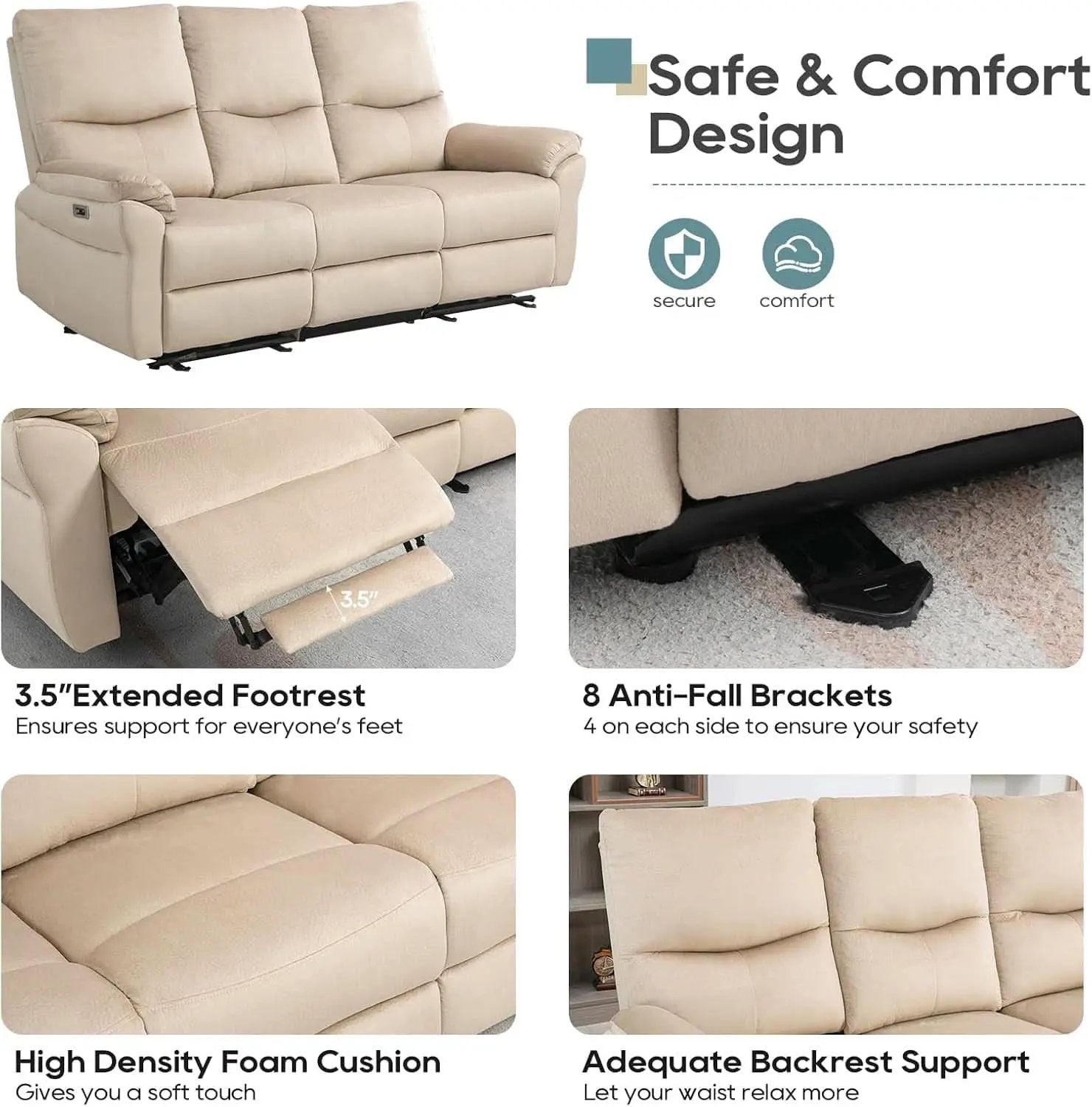 Beige Power Reclining Sofa For Living Room Comfort from PriceLows™