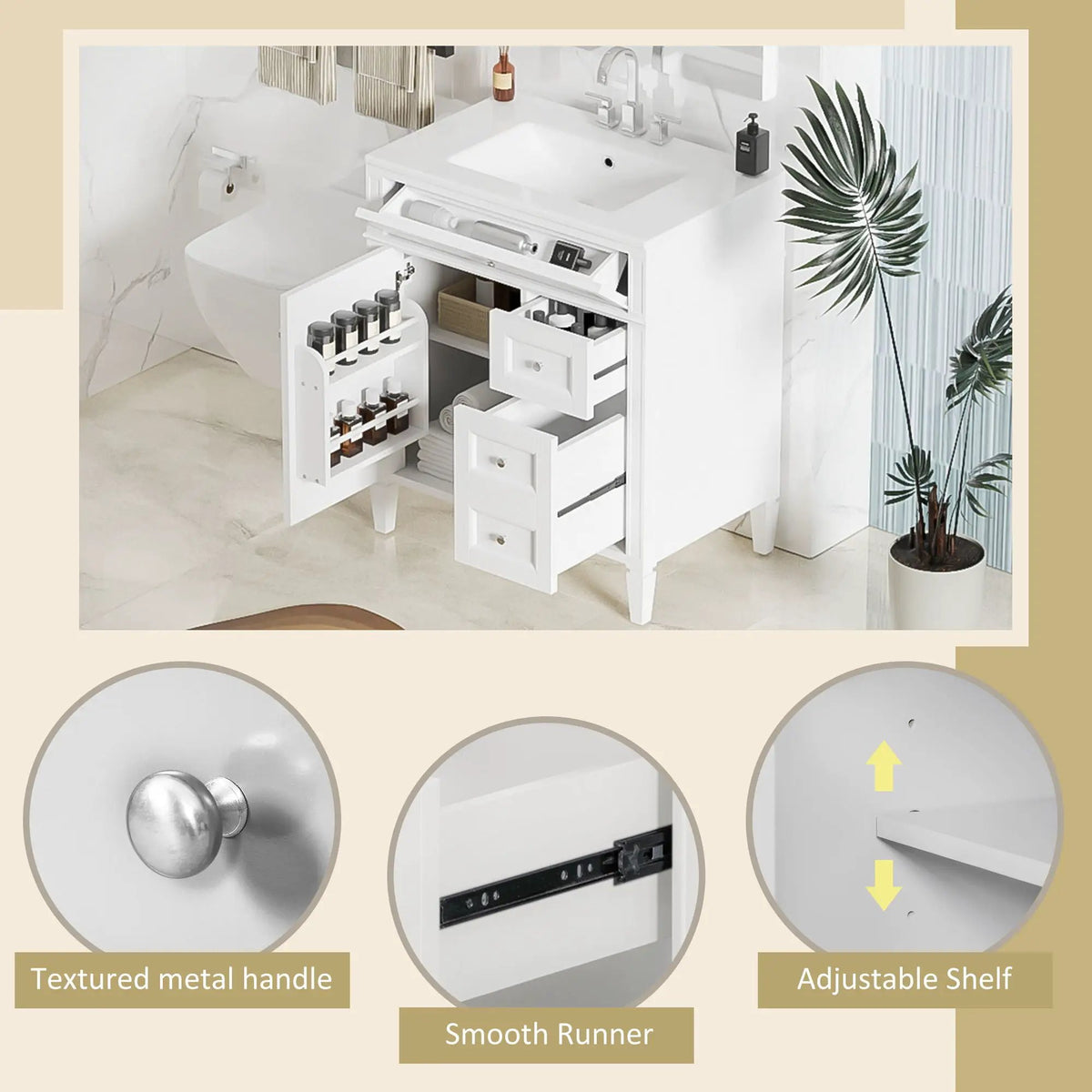 30 Inch Bathroom Vanity With Top Sink | 2 Drawers | Tip-Out Drawer | Vintage-Inspired Handles