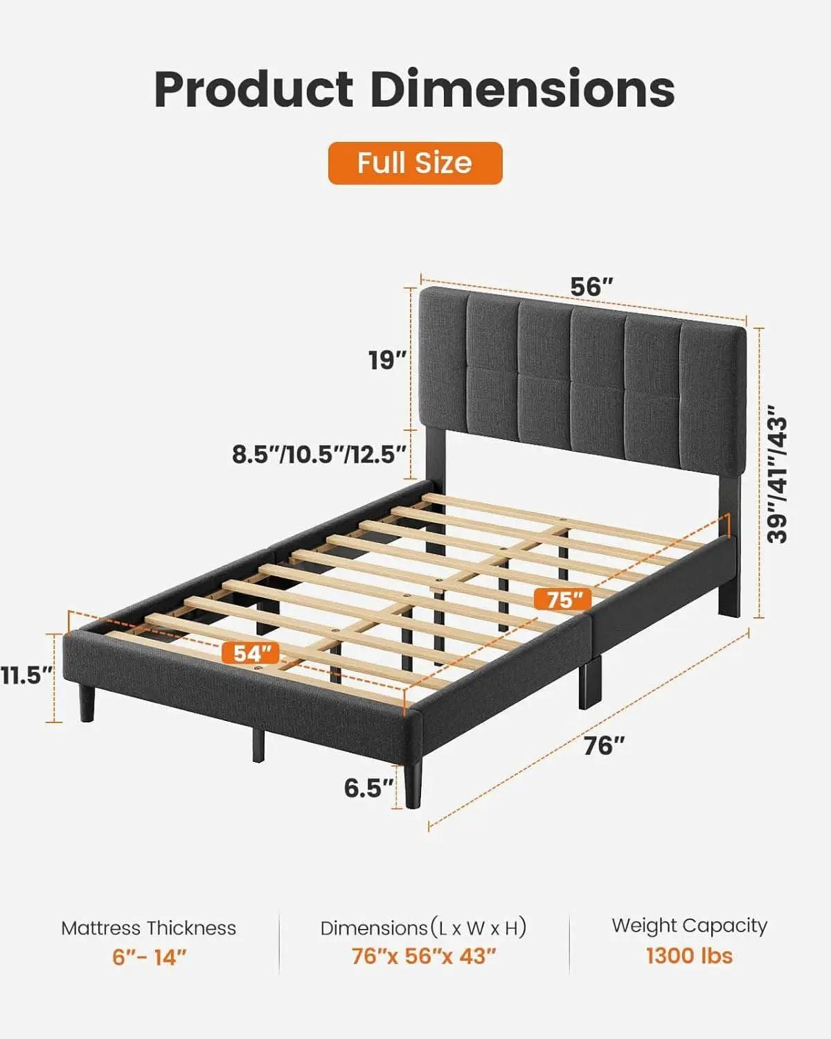 Full Size Upholstered Bed Frame With Adjustable Headboard from PriceLows™