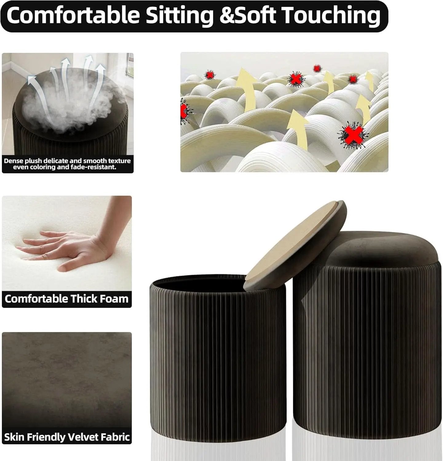 Round Velvet Storage Ottoman Black Lacquered Finish from PriceLows™