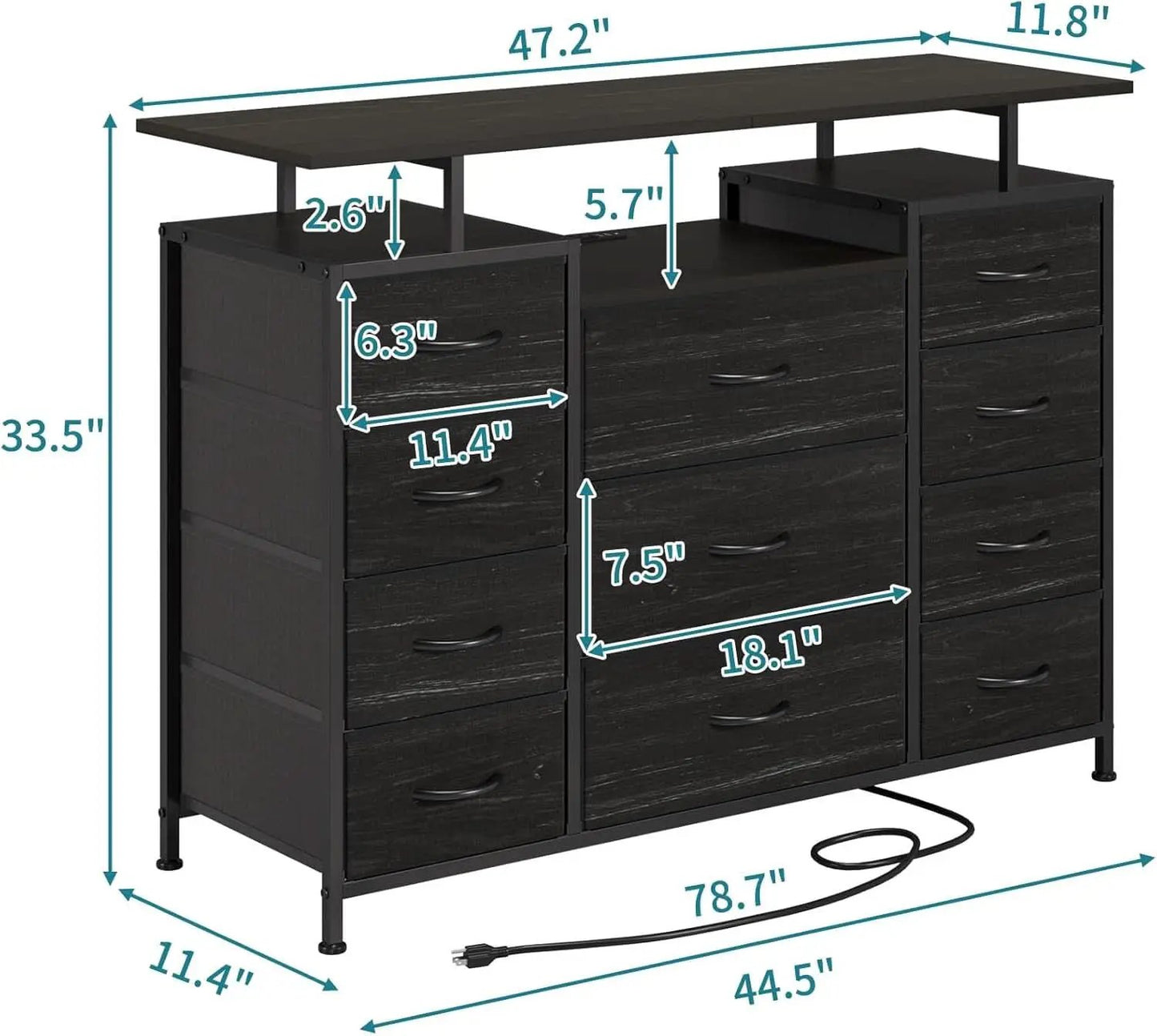 11 Drawer Dresser With Fabric Drawers, Charging Station, LED Lights And Shelves, Black Wood Veins from PriceLows™