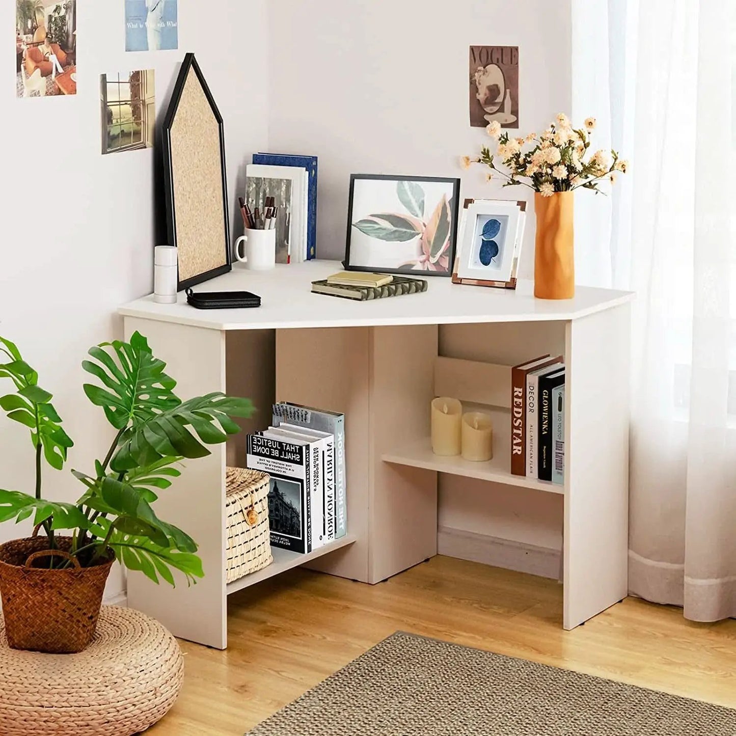 Compact White Corner Desk With Storage Shelves For Home Office from PriceLows™