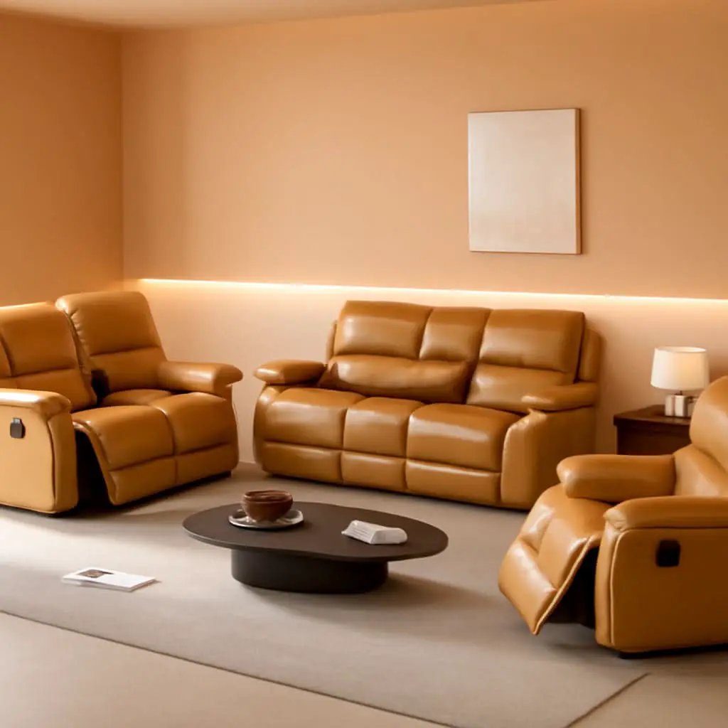 Manual Recliner Sofa Set Ginger Vegan Leather Cupholders from PriceLows™