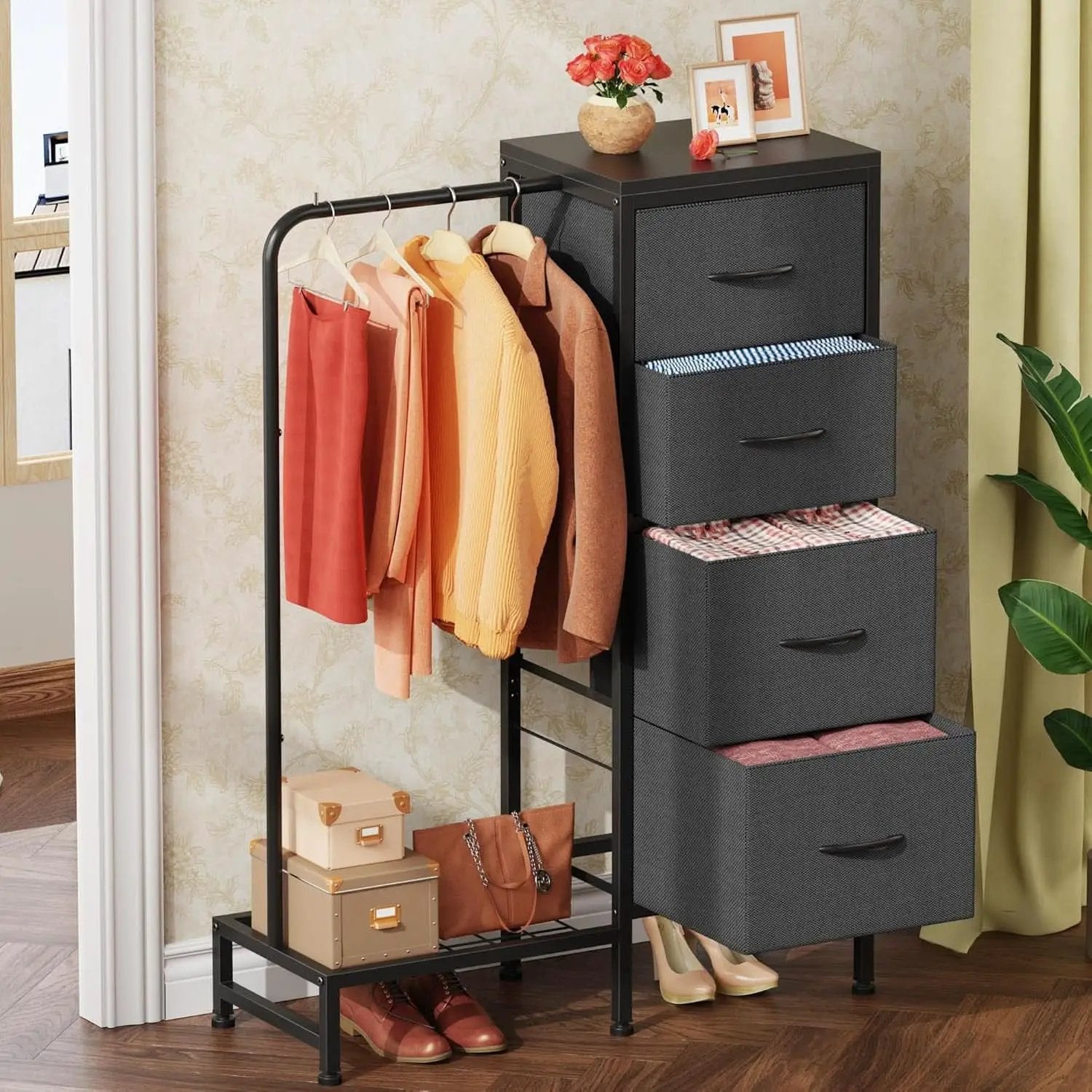 Dresser With Hanging Rack 44 Inch Tall Grey Four Drawer from PriceLows™