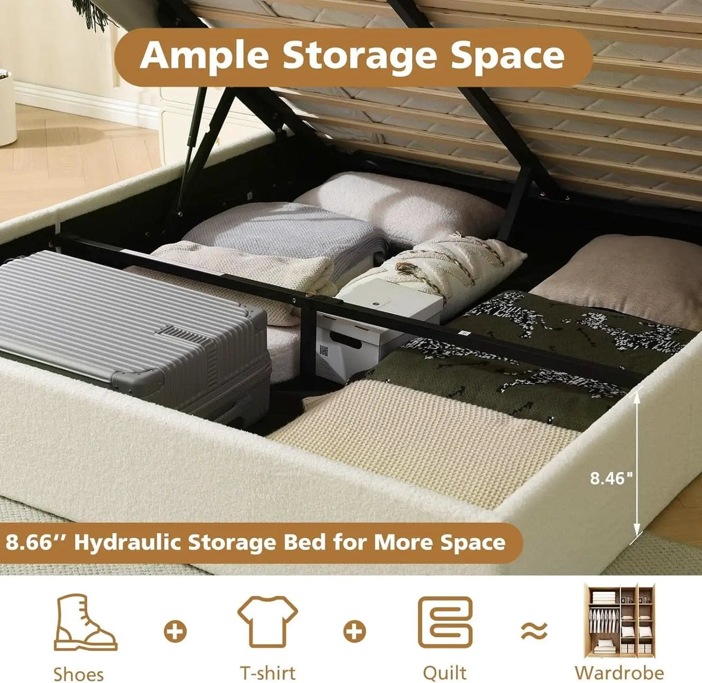 Queen Size Lift Up Storage Bed Curved Headboard Upholstered from PriceLows™