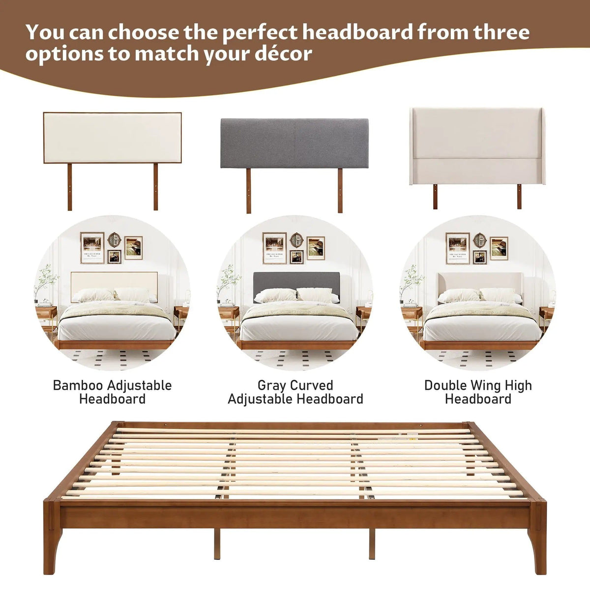 Solid Dry Bamboo Platform Bed Frame, With Slat Support | 6 Pieces | Bamboo | Bedroom