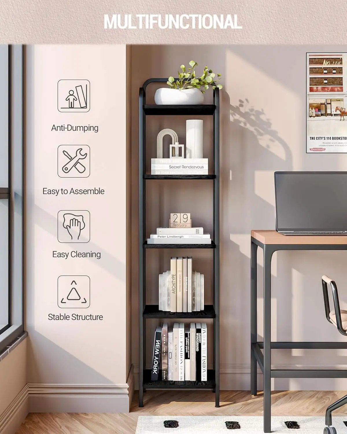 Black 5 Tier Narrow Bookcase Corner Shelf Organizer Industrial Design from PriceLows™