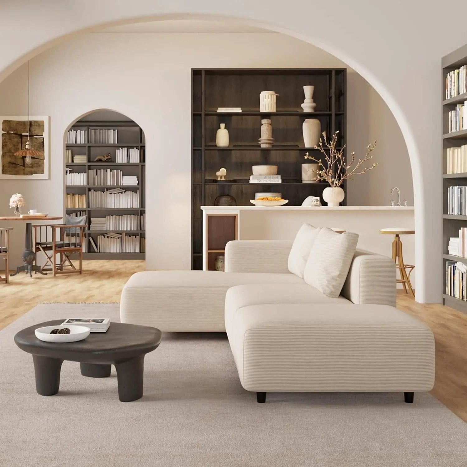 Soft Corduroy Sectional Sofa Set L Shaped Cream Modular from PriceLows™