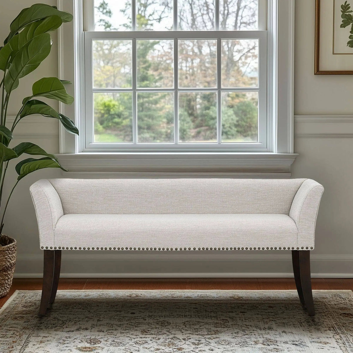 Welburn Upholstered Bench | Padded Low Back | Flared Arms | High-Density Foam And Fiber Fill