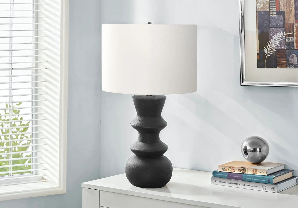 Ceramic Table Lamp | 26 Inch Height | Geometric Base | Ivory Fabric Shade And 3-Way Switch