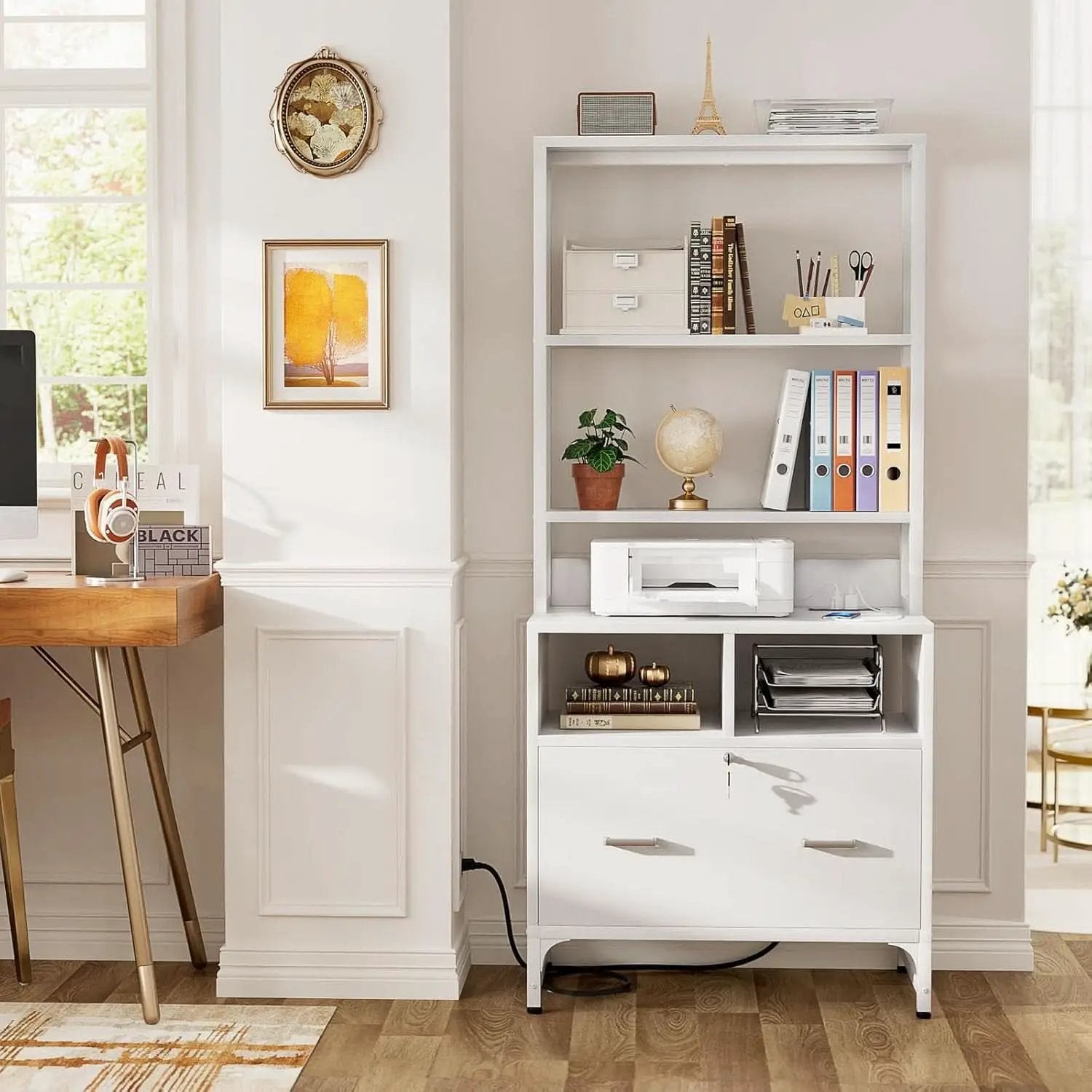 White Printer Stand With Locking File Cabinet And Charging Station from PriceLows™
