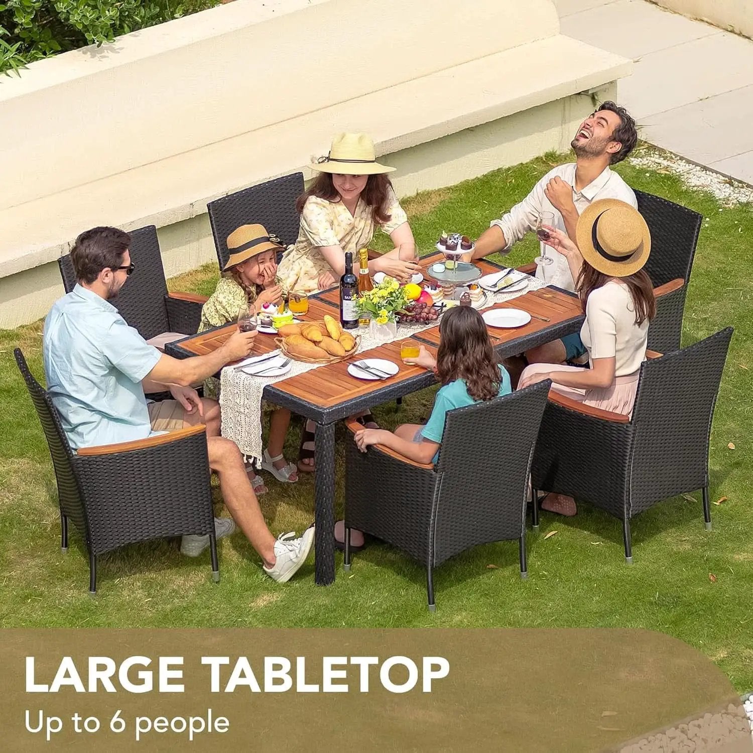 7 Piece Patio Dining Set Acacia Wood Table Black Rattan from PriceLows™